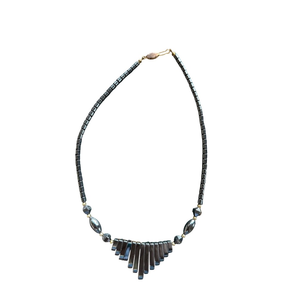 Vintage‎ Hematite Bead Bib Necklace Geometric Fringe Metallic Gray 16 Inch